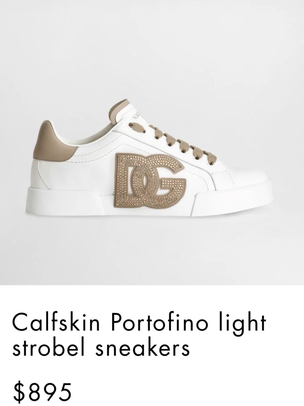 New. Dolce & Gabbana White Sneakers Taupe rhinestone Accent 37.5 portofino style